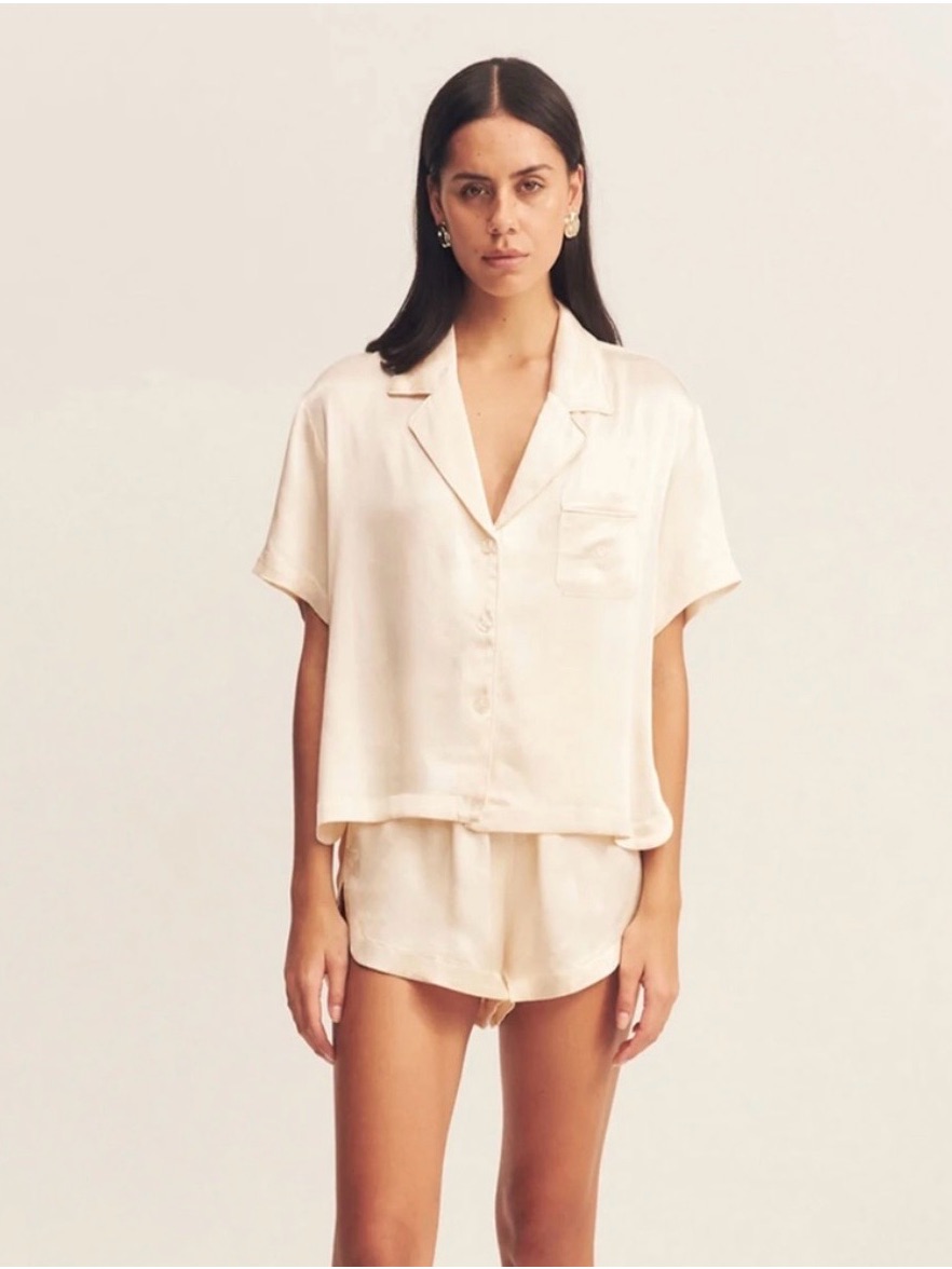 Shona Joy Cream Short Sleeve Silky Pajama Set